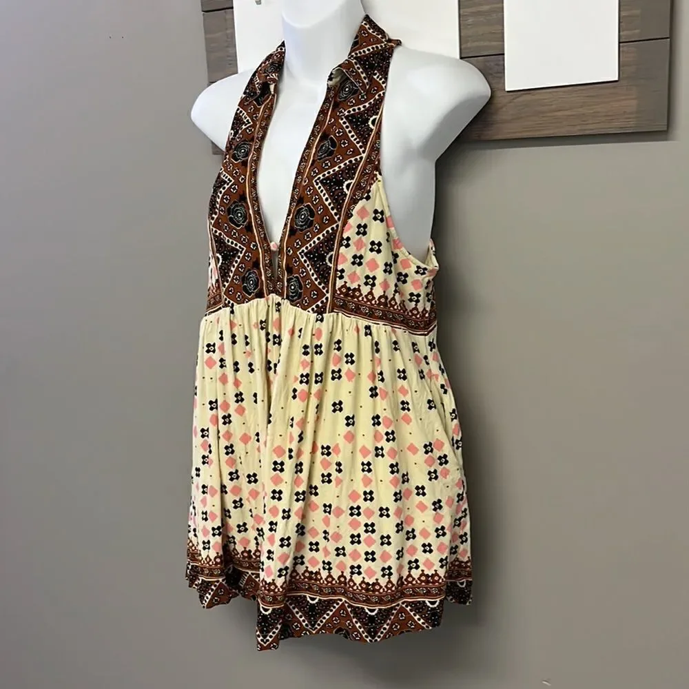 Free People Sleeveless Collared Boho Flowy Key Hole Tank V-Neck Tunic- Medium